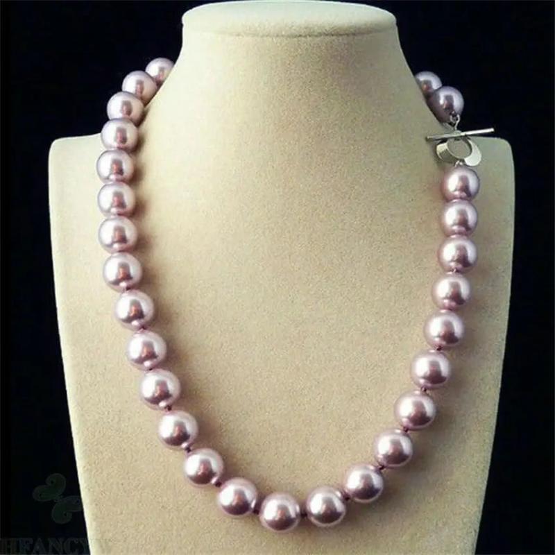 12mm Purple Shell Pearl Beads Necklace 18'' Gift DIY