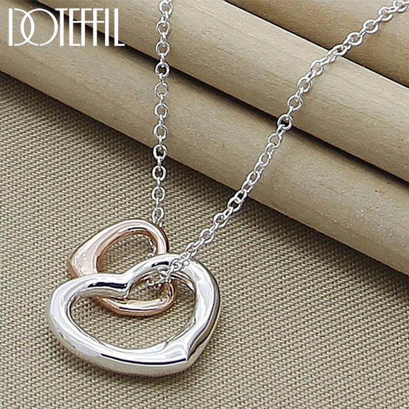 925 Silver Rose Double Heart Pendant Necklace for Women