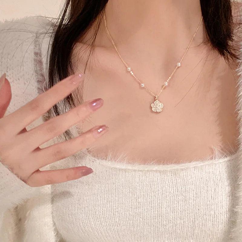 925 Silver Flower Necklace Pearl Collar Pendant