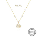 925 Silver Flower Necklace Pearl Collar Pendant