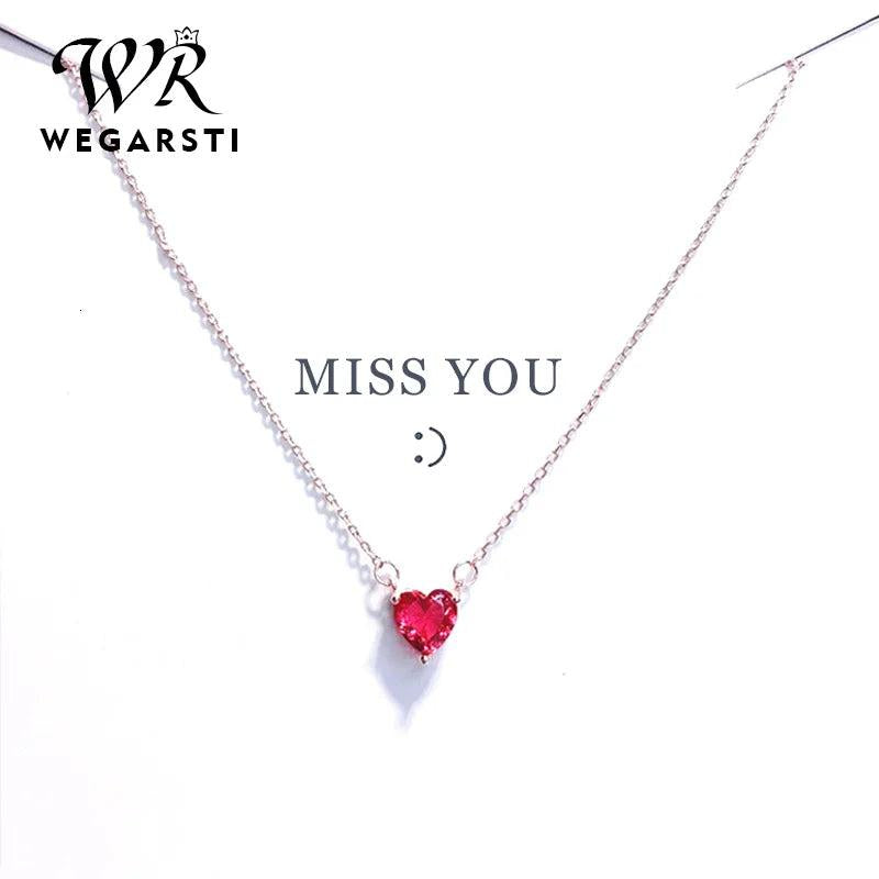 Silver 925 Red Heart Crystal Pendant Necklace for Women Wedding