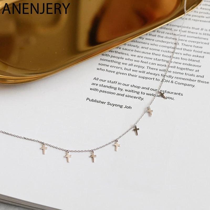 925 Silver Cross Tassel Necklace Choker Collar