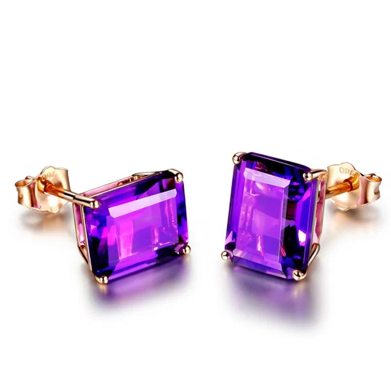 925 Silver Rectangle Amethyst Gemstone Stud Earrings Women Wedding Party Gift