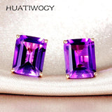925 Silver Rectangle Amethyst Gemstone Stud Earrings Women Wedding Party Gift