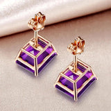 925 Silver Rectangle Amethyst Gemstone Stud Earrings Women Wedding Party Gift