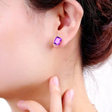 925 Silver Rectangle Amethyst Gemstone Stud Earrings Women Wedding Party Gift