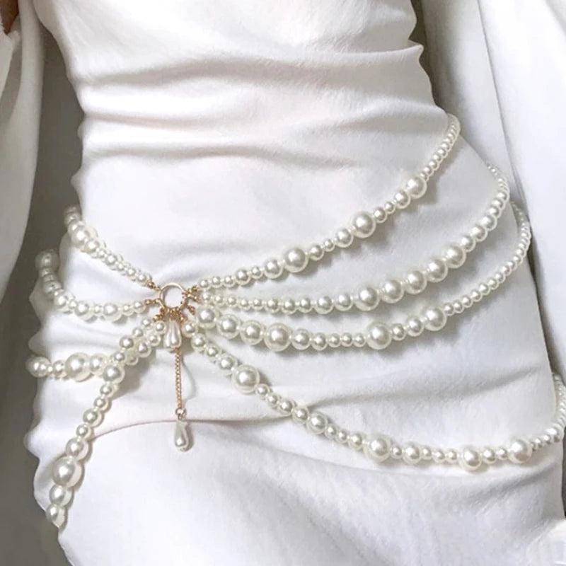 Y2K Multilayer Pearl Waist Chain Retro Character Party Accessorie