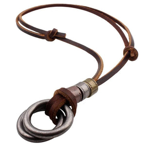 Retro Leather Cord Necklace Double Circle Pendant