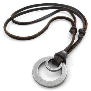 Retro Leather Cord Necklace Double Circle Pendant