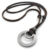 Retro Leather Cord Necklace Double Circle Pendant