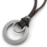 Retro Leather Cord Necklace Double Circle Pendant