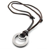 Retro Leather Cord Necklace Double Circle Pendant