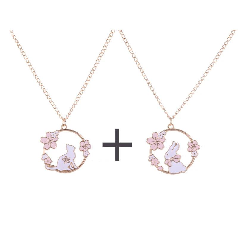 Cute Sakura Bunny Cat Necklace Pink Cartoon Pendant
