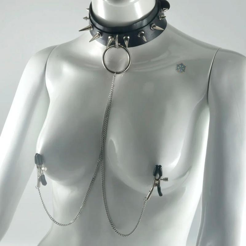 Adjustable Nipple Ring Leather Collar Choker