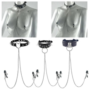 Adjustable Nipple Ring Leather Collar Choker