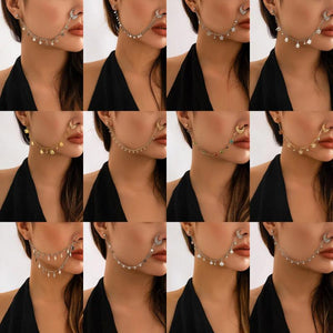 Indian Pearl Butterfly Tassel Earrings Nose Clip Chain Boho Nose Ring