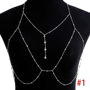 Metal Ladies Elf Cross Body Chain Rhinestones Necklace Tassel Chest Chains