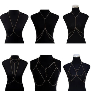 Metal Ladies Elf Cross Body Chain Rhinestones Necklace Tassel Chest Chains