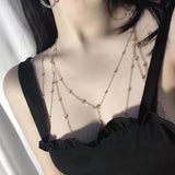 Metal Ladies Elf Cross Body Chain Rhinestones Necklace Tassel Chest Chains