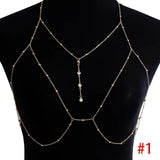 Metal Ladies Elf Cross Body Chain Rhinestones Necklace Tassel Chest Chains