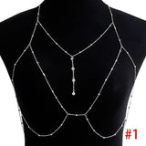 Metal Ladies Elf Cross Body Chain Rhinestones Necklace Tassel Chest Chains