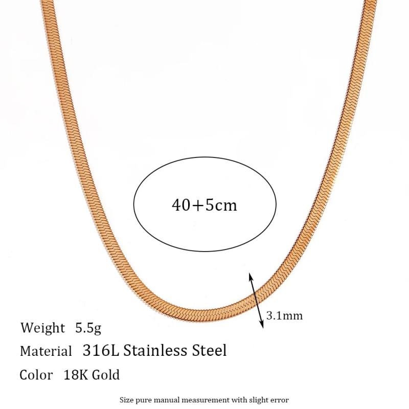 Waterproof Stainless Steel 18k Plated Silver 3mm Herringbone Chain Necklace