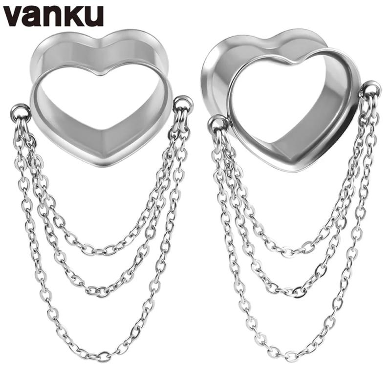 Vanku 2PCS Heart Water Drop Chain Ear Plugs Tunnels Gauges Body Piercing Jewelry