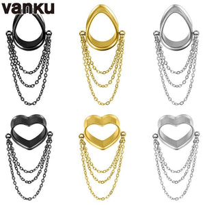 Vanku 2PCS Heart Water Drop Chain Ear Plugs Tunnels Gauges Body Piercing Jewelry