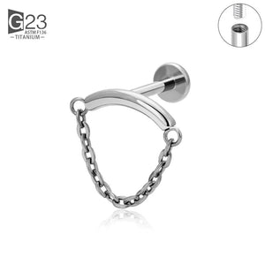 ASTM F136 Titanium Ear Pierc Chains Curved Bar Pendant CZ Top Labret Earrings