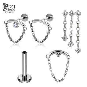 ASTM F136 Titanium Ear Pierc Chains Curved Bar Pendant CZ Top Labret Earrings