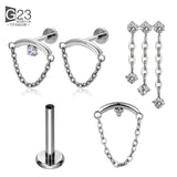 ASTM F136 Titanium Ear Pierc Chains Curved Bar Pendant CZ Top Labret Earrings