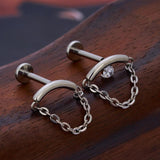 ASTM F136 Titanium Ear Pierc Chains Curved Bar Pendant CZ Top Labret Earrings