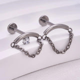 ASTM F136 Titanium Ear Pierc Chains Curved Bar Pendant CZ Top Labret Earrings