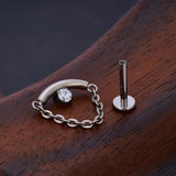 ASTM F136 Titanium Ear Pierc Chains Curved Bar Pendant CZ Top Labret Earrings