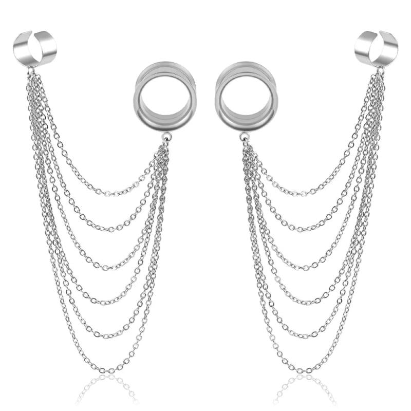Doearko 2PCS Ear Gauges Tunnels Chain Stud Ear Clip for Women Men
