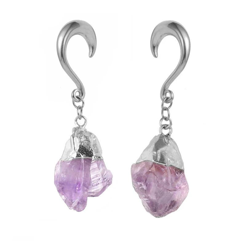Doearko 2PCS Amethyst Stone Dangle Ear Weights 316 Stainless Steel Plugs Gauges