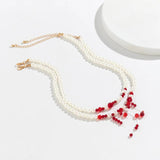Multilayer Blood Pattern Pearl Pendant Choker Necklace