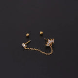 Double Pierced Chain Tassel Stud Earrings with Zircon