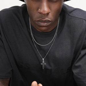 Men Layering Cross Necklace, Hollow Pendant, Cuban Chain, 2pcs Collar Set