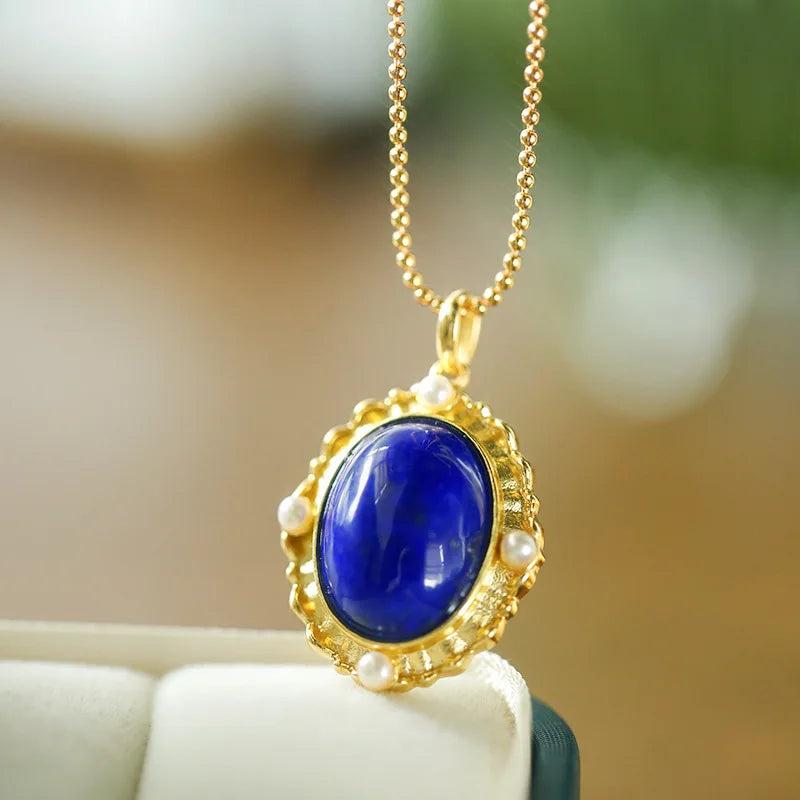 Vintage Pearl Lapis Lazuli Necklace High Pendant Light Sense Jewelry