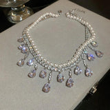 Pearl Choker Necklace Tassel Water Drop Zircon Crystal Wedding Jewelry