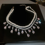 Pearl Choker Necklace Tassel Water Drop Zircon Crystal Wedding Jewelry