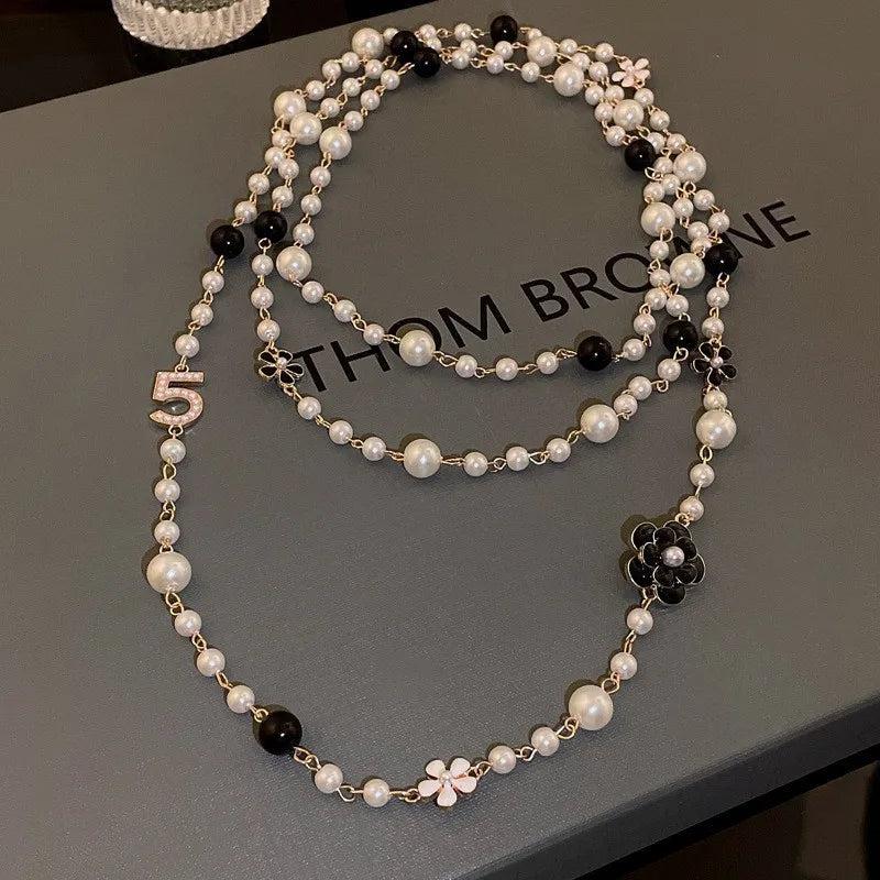 Flower Pearl Long Sweater Chain Necklace for Women