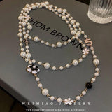 Flower Pearl Long Sweater Chain Necklace for Women