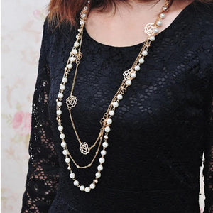 Long Sweater Chain with Pearl Rose Blossom Necklace