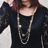 Long Sweater Chain with Pearl Rose Blossom Necklace