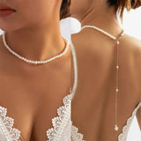 Efily Pearl Back Drop Necklace Long Bridal Chain Jewelry