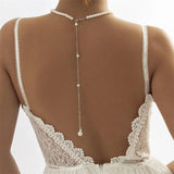 Efily Pearl Back Drop Necklace Long Bridal Chain Jewelry