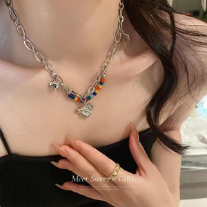 Colorful Love Pendant Double Layer Chain Pearl Necklace for Women Girls