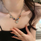 Colorful Love Pendant Double Layer Chain Pearl Necklace for Women Girls
